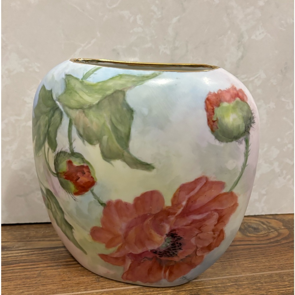 Vintage Hand Painted Floral Pillow Vase Signed Lydia Gold Brim mint green red